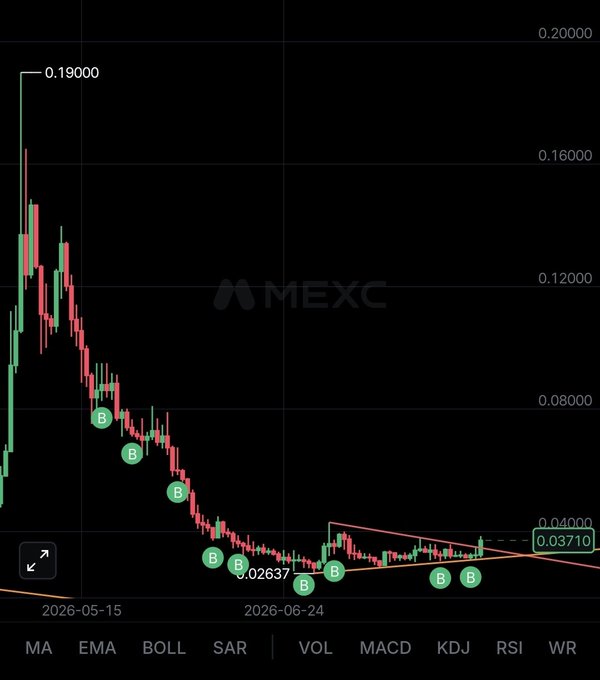 A MEXC candlestick chart of $RIO showing a sharp decline from a high of 0.19000 to a current price around 0.03710, with multiple "B" buy signals marked along the downtrend near the 0.02637 low, suggesting accumulation before an anticipated alt season rally.