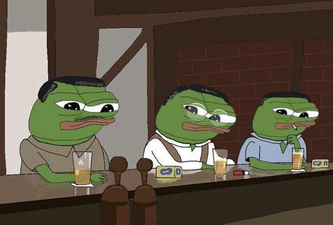 Three sad-looking Pepe the Frog characters sit at a bar drinking, with one smoking a cigarette, symbolizing creative burnout. The post suggests tweeting $ANSEM as a fallback when running low on content ideas, using the image's depiction of exhausted, unimpressed frogs to humorously represent the desperation of having nothing left to post.