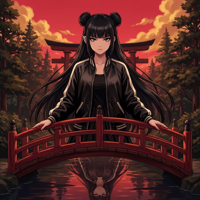 An anime-style illustration depicts a dark-haired woman with twin buns standing on a red bridge under a dramatic red sky, with a torii gate and forest in the background and her reflection visible in the water below.