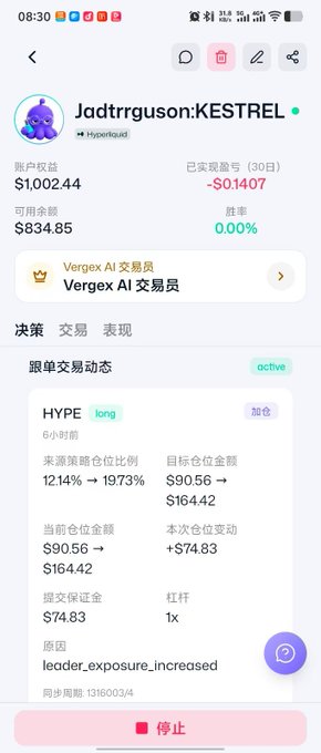 A trading app screenshot showing the account 'Jadtrrguson:KESTREL' on Hyperliquid, with an account equity of $1,002.44, a 30-day PnL of -$0.1407, and a long position on HYPE with a target position of $164.42.