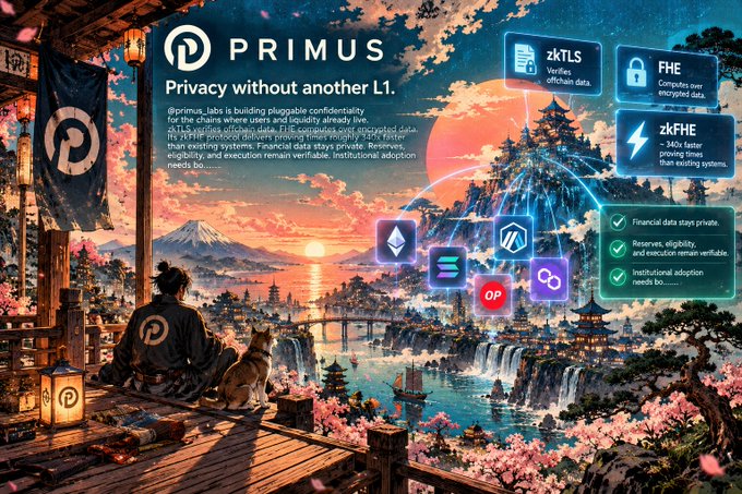 A promotional graphic for Primus Labs featuring an anime-style samurai and landscape, advertising 'Privacy without another L1' and technologies zkTLS and zkFHE for encrypted data verification.