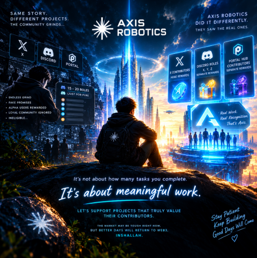Axis Robotics promotional poster saying “SAME STORY. DIFFERENT PROJECTS. THE COMMUNITY GRINDS…” and “It’s about meaningful work,” with floating panels for X, Discord, and Portal Hub integrations.
