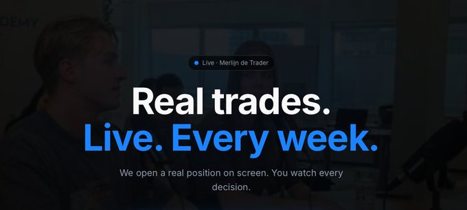 The image features a promotional graphic with the text "Real trades. Live. Every week." and a small label reading "Live • Merlijn de Trader," overlaid on a darkened background of people in what appears to be an office or trading space. It relates to the post by promoting the trader's live trading sessions, aligning with the announcement of an upcoming Tuesday live session focused on positioning trades.