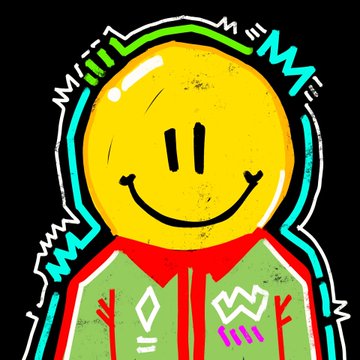 A simple, cartoon-style digital drawing of a yellow smiley face with a green outline, wearing a green and red shirt against a black background.