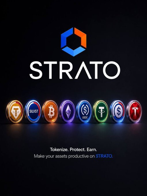 A promotional graphic for 'STRATO' featuring a hexagonal blue and orange logo, a row of glowing cryptocurrency tokens (including SILVST, Bitcoin, Ethereum, USDC, Tether, and others), and the tagline 'Tokenize. Protect. Earn. Make your assets productive on STRATO.'