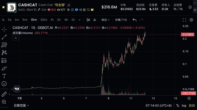 A cryptocurrency price chart for CASHCAT token showing a 15-minute candlestick graph with a price of $0.21662, down 4.03%, with a market cap of $216.6M.
