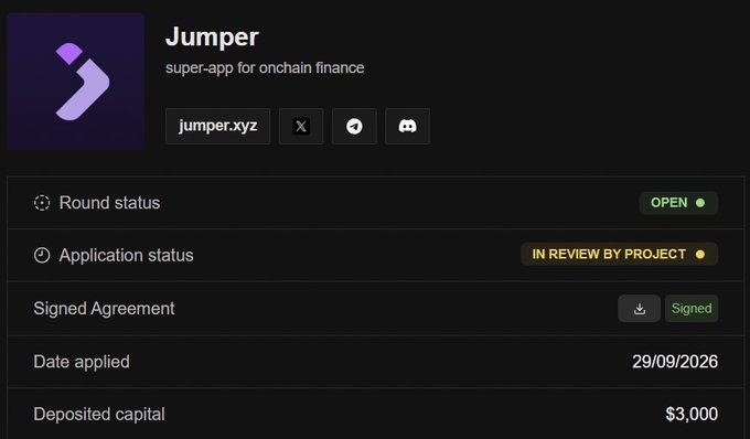 A dashboard screen for 'Jumper' described as a 'super-app for onchain finance' with application details showing round status as OPEN, application in review, signed agreement, and $3,000 deposited capital.