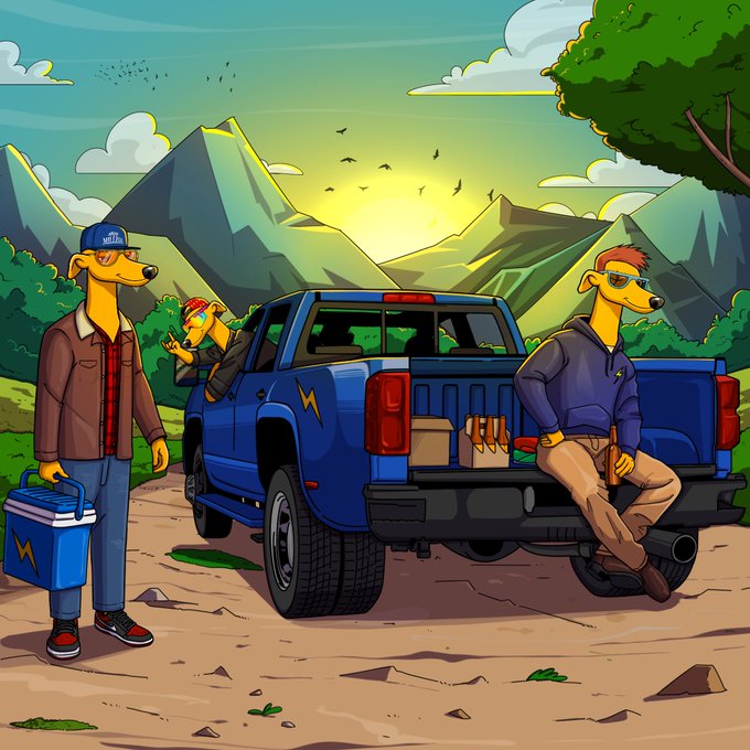 A cartoon illustration of anthropomorphic dogs hanging out around a blue pickup truck in a mountainous landscape at sunset, with one dog holding a cooler.