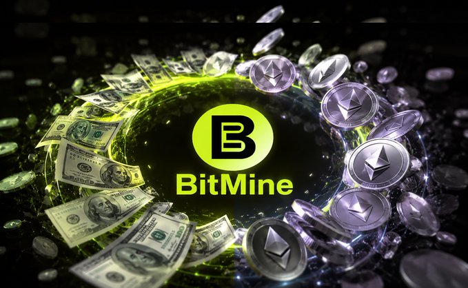 The image features a glowing "B BitMine" logo at the center, surrounded by swirling US dollar bills and silver Ethereum coins against a green-tinted cosmic background. It visually reinforces the accompanying post by symbolizing BitMine's recent $19.55 million Ethereum acquisition, blending imagery of traditional fiat currency with crypto tokens to represent the company's growing crypto treasury reserves.
