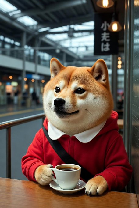 The image features a Shiba Inu dog wearing a red sweater sitting at a table with a cup of coffee in front of him. The background shows an indoor setting with a sign that reads "Chinese Restaurant". The caption below the photo includes some text about the Dogecoin coinage and mentions the name "Legends" as well.