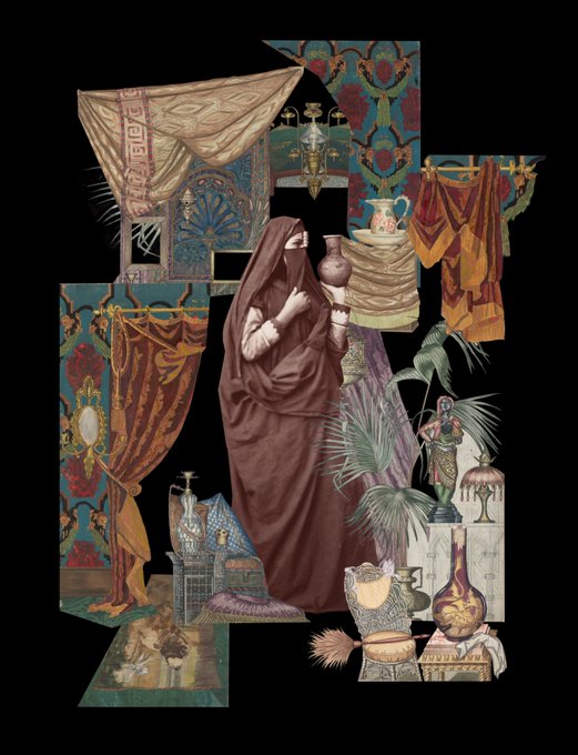 An artistic collage features a figure draped in dark fabric surrounded by decorative cutouts including curtains, vases, lamps, and floral patterns in a Victorian or Middle Eastern aesthetic.