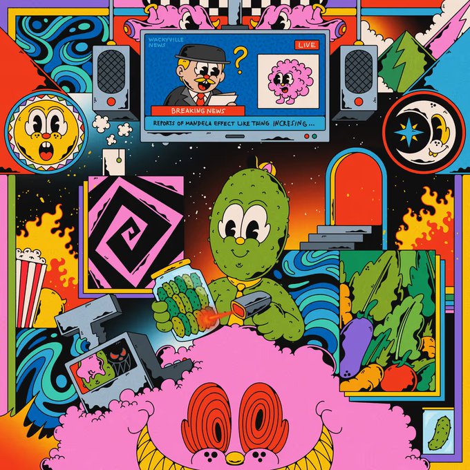 A colorful, psychedelic cartoon illustration featuring a green pickle character holding a jar, with a breaking news TV showing Mr. Mackey from South Park and a brain character.