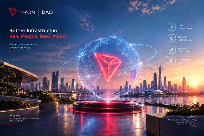 A promotional banner for TRON DAO with the tagline 'Better Infrastructure. Real People. Real Impact.', showcasing a glowing TRON logo in a futuristic cityscape with features like Fast Transactions and Transparent Systems.