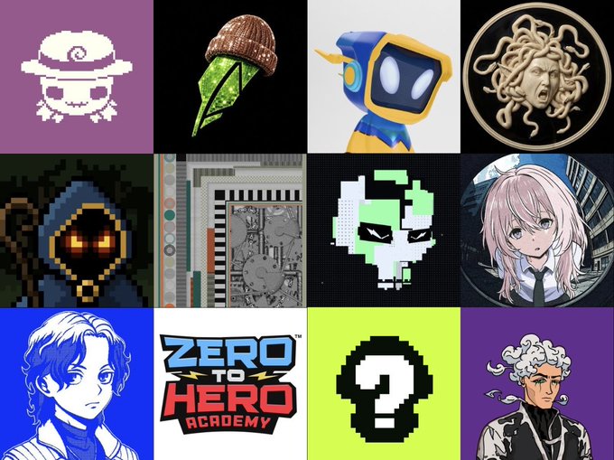 A 3x4 grid of various digital art and character designs, including pixel art, a Medusa coin, anime-style portraits, a 'ZERO TO HERO ACADEMY' logo, and a green question mark.