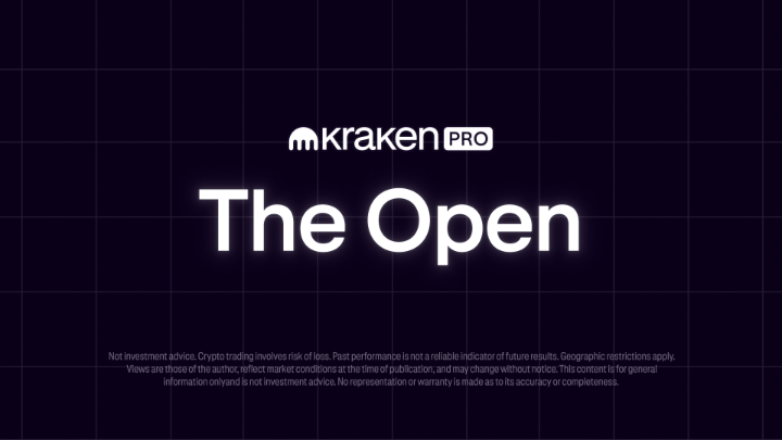 The image is a promotional graphic from Kraken Pro titled "The Open," featuring a dark grid background with the Kraken Pro logo at the top and a disclaimer at the bottom noting that crypto trading involves risk of loss and views are those of the author. It serves as a header for content emphasizing the importance of risk management in trading, aligning with the post's message about protecting against downside losses to stay in the game.