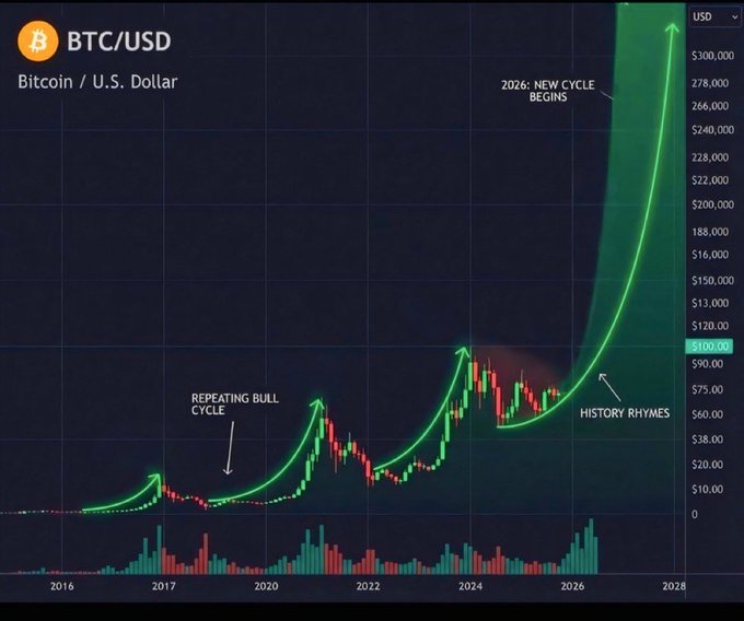 A BTC/USD chart from 2016 to 2028 highlighting a "Repeating Bull Cycle" with a projected "2026: New Cycle Begins" surge to over $300,000, labeled "History Rhymes," which visually supports the post's bullish #ALTSEASON 2026 forecast by suggesting Bitcoin's next major breakout and subsequent altcoin rally is imminent.