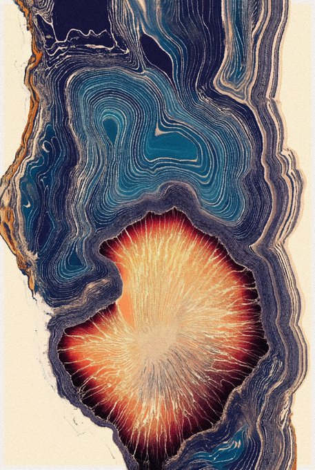 A vertical abstract painting with swirling blue and dark concentric layers surrounding a glowing orange and red radial burst at the bottom.
