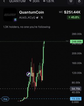 A cryptocurrency chart displays QuantumCoin ($QUANTUM) with a market cap of $251.44K, showing a +45.8% gain and a +248.80% recent price increase on a 30-minute timeframe. The image visually confirms the "10x acquired" claim from the post by highlighting the token's dramatic price surge, with the chart showing a steep climb from a baseline of 13.22k up to 248.80k.