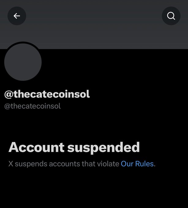The image shows a screenshot of X (formerly Twitter) displaying a suspended account page for "@thecatecoinsol," with the message "Account suspended" and a note that "X suspends accounts that violate Our Rules." The caption notes that $CATE was suspended for stealing others' trademarks and failing to follow platform rules, reinforcing the post's message that the copycat project was removed for not playing by the rules.
