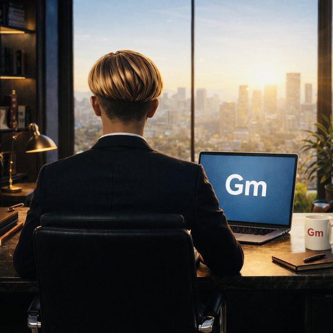 A businessman in a dark suit sits at a high-rise desk overlooking a golden city skyline at sunrise, working on a laptop displaying "Gm" beside a matching coffee mug. The image visually echoes the "Gm fam" post by featuring the "Gm" greeting prominently alongside a calm, productive morning scene.