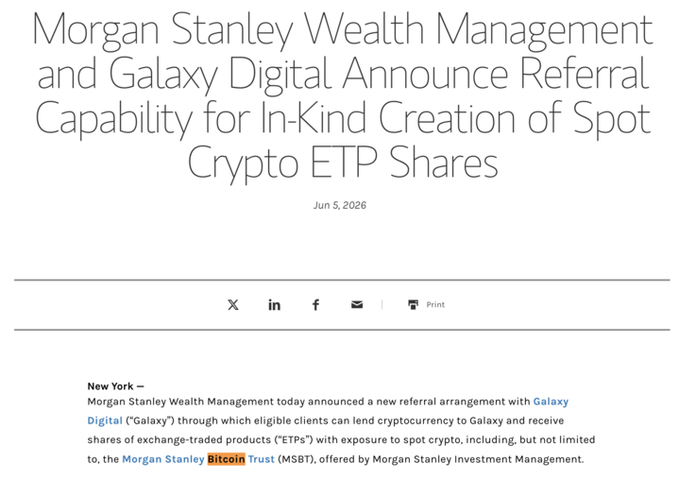 The image shows a website that announces a partnership between Morgan Stanley Wealth Management and Galaxy Digital, which will help fund Bitcoin transactions by lending capital. The post provides information about the partnership, stating that high net worth clients can lend their $BTC, $ETH, or $SOL for shares in spot crypto ETPs. This allows investors to receive returns on their investment directly from crypto exchanges, bypassing traditional centralized exchanges and reducing transaction fees.
