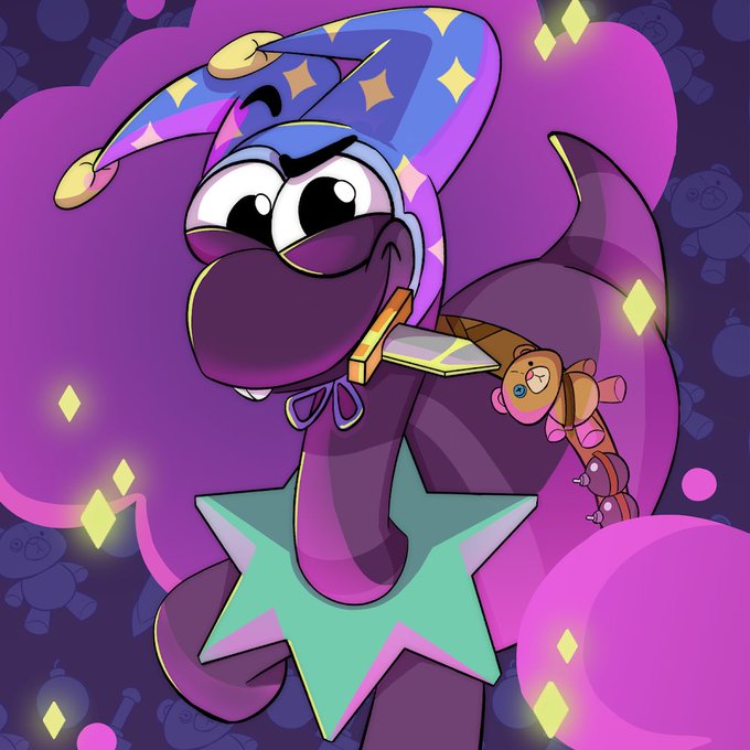 A cartoon illustration of a purple character wearing a blue wizard hat adorned with stars, holding a sword, with a small brown teddy bear character on its back, set against a purple background with sparkling stars.