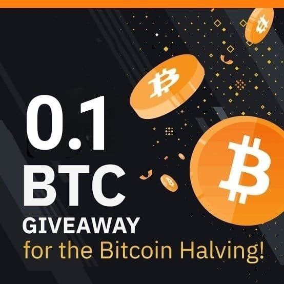 The image is a promotional graphic for a "0.1 BTC GIVEAWAY for the Bitcoin Halving!" featuring orange Bitcoin coins against a dark, sparkly background with the Bitcoin logo prominently displayed. It visually supports the post's Bitcoin giveaway announcement by highlighting the 0.1 BTC prize and tying it to the Bitcoin Halving event.