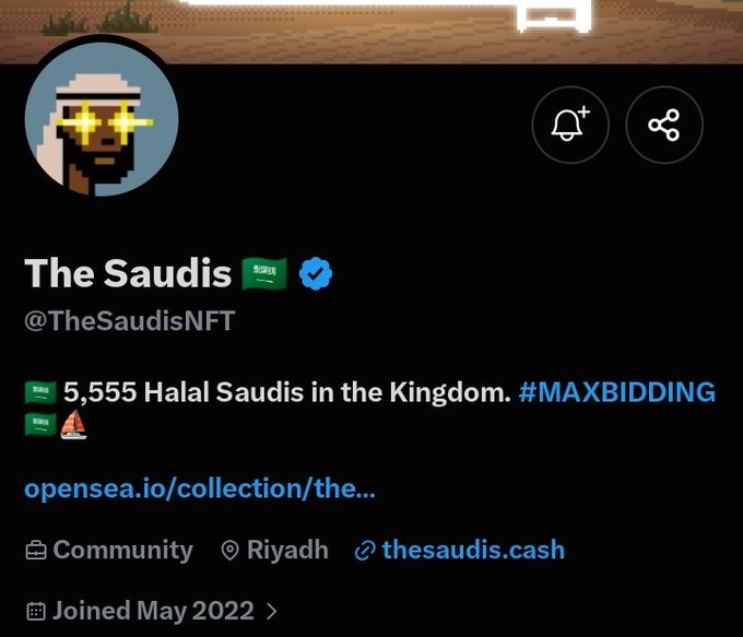 A Twitter/X profile for 'The Saudis' (@TheSaudisNFT) featuring a pixelated avatar with yellow sunglasses, describing a collection of 5,555 Halal Saudis linked to opensea.io.