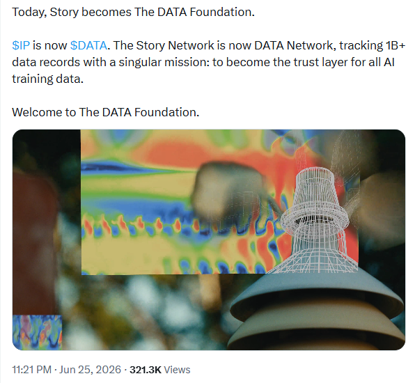 The image shows an announcement post from Story announcing its rebrand to The DATA Foundation, with "$IP now $DATA" and "The Story Network is now DATA Network" tracking 1B+ data records, accompanied by a colorful abstract 3D wireframe graphic. The accompanying caption notes that Story Protocol has rebranded to Data Network with its token $IP being replaced by $DATA, though the user comments that $DATA phonetically means "đa tạ" (farewell) in Vietnamese, suggesting the token name symbolizes both thanks and goodbye amid the token's poor chart performance.