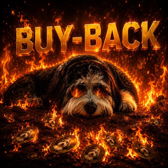 The image shows a fluffy dog wearing reflective sunglasses lying calmly amid flames, with "BUY-BACK" in fiery gold text above and dog-themed coins scattered in the foreground. The dramatic scene visually reinforces the post's announcement of a $700 buy-back executed by the developer to support the $ALFIE community, symbolizing strength and commitment through the imagery of a "cool dog" holding its ground through the fire of market volatility.