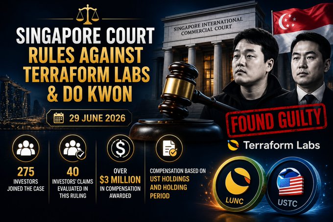The image is an infographic about the Singapore Court's ruling against Terraform Labs and Do Kwon for defrauding investors, showing that 275 investors joined the case, 40 claims were evaluated, and over $3 million in compensation was awarded based on UST holdings, referencing the LUNC and USTC cryptocurrencies. The accompanying post describes the June 29, 2026 ruling by the Singapore International Trade Tribunal, noting the court found Terraform Labs and Do Kwon guilty of defrauding investors in relation to the TerraUSD (UST) collapse and ordered compensation.