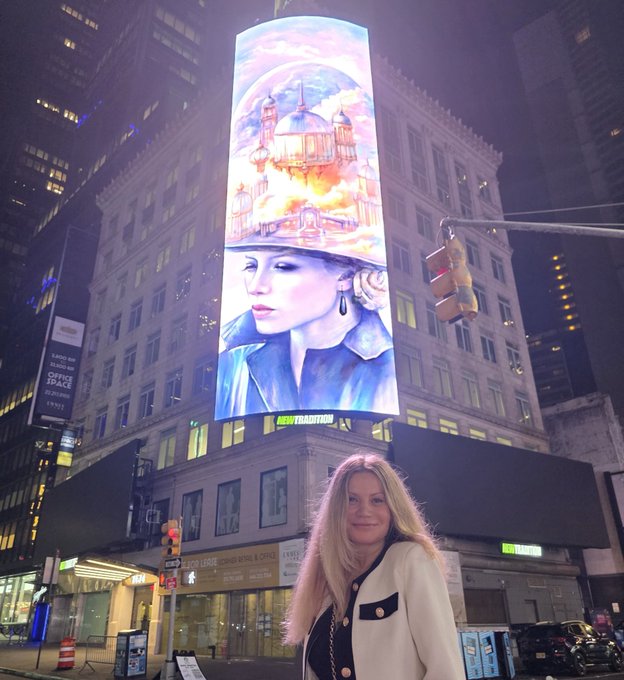A woman stands in front of a large illuminated billboard displaying artwork of a woman with an elaborate cityscape hat, with 'ASW TRADITION' visible on the building.