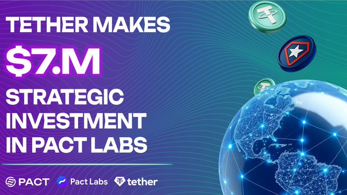 A promotional graphic announcing "TETHER MAKES $7M STRATEGIC INVESTMENT IN PACT LABS" in bold white and pink text against a purple-to-teal gradient background, featuring digital coins and a glowing networked globe to symbolize global stablecoin distribution. The image visually reinforces the announcement of Tether's $7M equity investment in Pact Labs, with both brands' logos (PACT, Pact Labs, and tether) displayed at the bottom.
