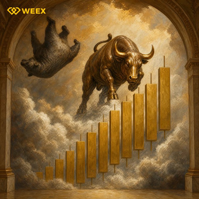 An artistic painting featuring a golden bull charging upward above a series of rising golden bar charts, with a bear falling upside down in the background. Branded with 'WEEX'.