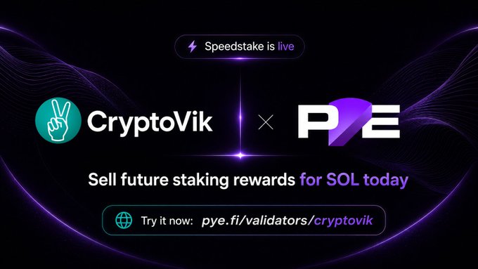 The image is a promotional banner announcing the partnership between CryptoVik validator and Pye Finance's Speedstake platform, featuring a purple "Speedstake is live" badge and the tagline "Sell future staking rewards for SOL today" with a link to pye.fi/validators/cryptovik.

The graphic visually reinforces the post's announcement that CryptoVik stakers can now leverage a Solana-native staking primitive to sell their future staking rewards for SOL upfront while retaining their principal delegation.