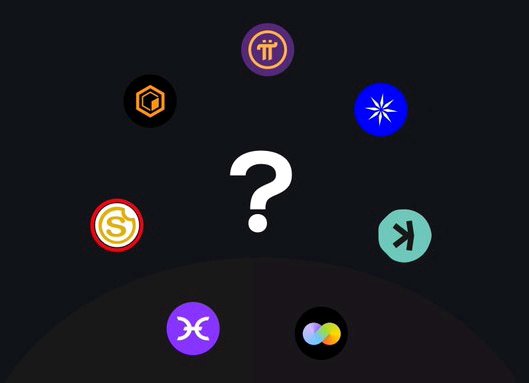 The image features a circle with seven different coins, each with a unique symbol or design. The coins are arranged in a way that they appear to be floating in space against a black background. A question mark is placed above the circle of coins, suggesting an interactive element where viewers can choose which coin they would like to see first by entering their answer below it.