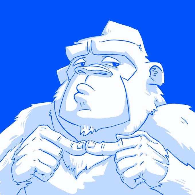 A blue-toned digital drawing of a stoic, heavy-set figure with a beard and crown-like headpiece, pointing both index fingers toward each other against a solid blue background.