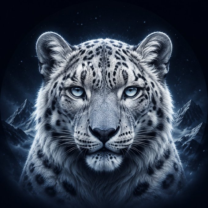 A digitally illustrated portrait of a white snow leopard with striking blue eyes against a dark night sky background with mountains.