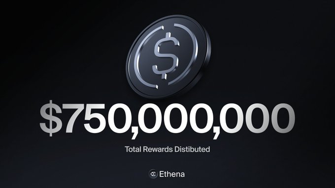 The image displays a dark promotional graphic from Ethena featuring a stylized coin icon with a dollar sign, prominently showing "$750,000,000" as the "Total Rewards Distributed." This visual reinforces the post's point that Ethena's milestone represents actual realized value—$750 million in rewards that have already left the protocol and reached recipients, contrasting with TVL figures that merely represent capital that could exit at any moment.
