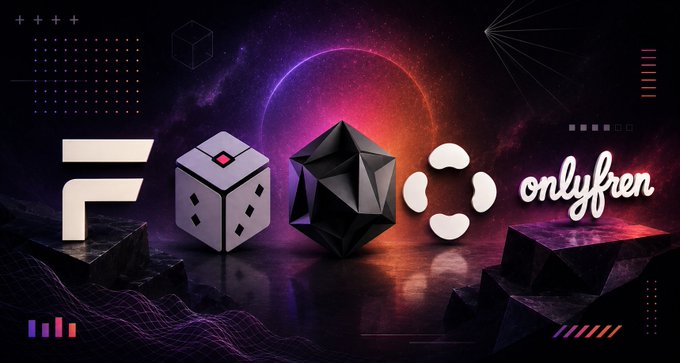 A digital graphic displays logos for Fantom, Dice, an icosahedron shape, Polkadot, and the text 'onlyfren' against a purple and red cosmic background.