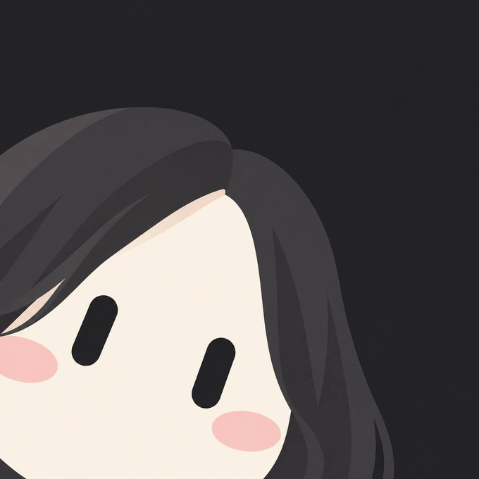 A digital illustration of an anime-style character with black hair, pink blushing cheeks, and dot-like eyes against a black background.