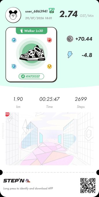 STEP'N move-to-earn app screen for user_6863941 (rank 30) showing a Walker Lv30 sneaker NFT with 2.74 GST/Min earnings, +70.44 GST gained, -4.8 GMT energy, 1.90 km walked in 00:25:47 with 2,699 steps.