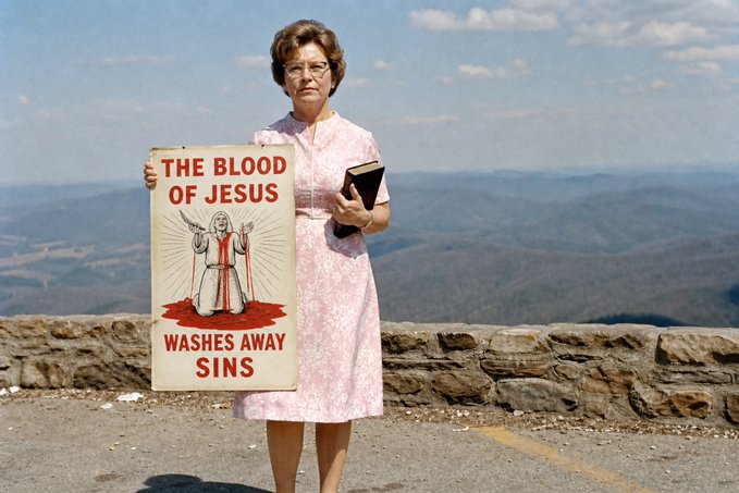 A woman in a pink dress stands at a scenic mountain overlook holding a Bible and a sign reading "THE BLOOD OF JESUS WASHES AWAY SINS," with an illustration of Jesus. The image fits the post's theme of acquiring devotional artwork, presenting this as a piece worthy of joining the Wubbushi Museum vault or a private collection.