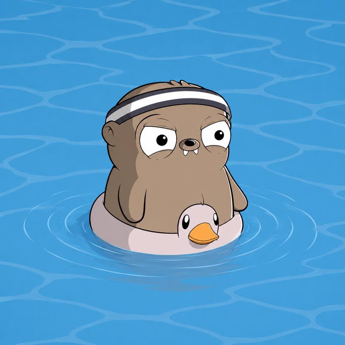 A cartoon illustration of a brown otter wearing a headband, floating in a duck swim ring in blue water.