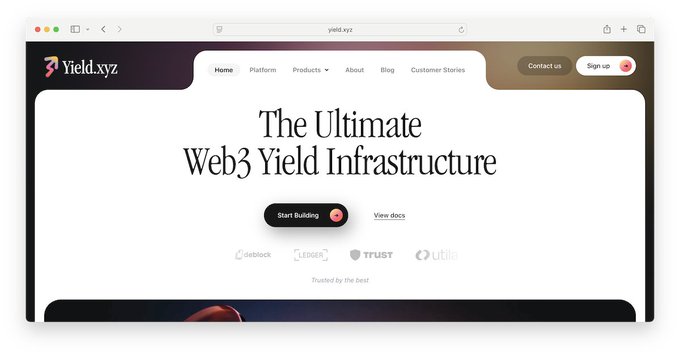 A screenshot of the Yield.xyz website homepage, featuring the headline 'The Ultimate Web3 Yield Infrastructure' above 'Start Building' and 'View docs' buttons. Logos for coinbase, Ledger, Trust, and Utila are listed below as 'Trusted by the best'.