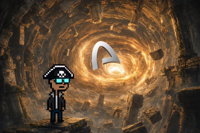 A digital artwork featuring a pixel art character with blue glasses and a skull hat standing before a glowing, swirling portal or vortex in a stone structure.