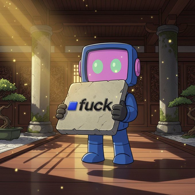 An illustration of a blue robot with a pink screen face holding a stone tablet that has a blue square and the word 'fuck' written on it, set in a room with Asian architectural elements.