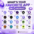The image is a "What's Your Favorite App" poll listing various crypto/Web3 platform logos (including Monad, Bitcoin, Ethereum, Solana, etc.) for users to vote on. It relates to the post by highlighting Monad as a next-gen Web3 contender alongside other major blockchain ecosystems in the crypto space.