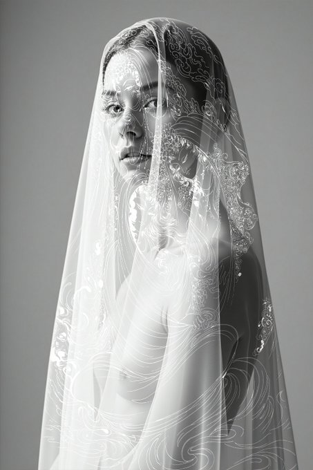 A black and white portrait of a person draped in a translucent veil patterned with intricate, swirling line art. This image serves as the visual representation for the NFT titled "Heir to silent dreams."