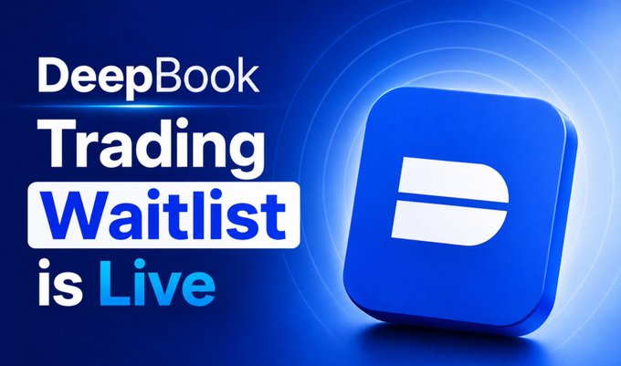 A promotional graphic with a blue background announcing 'DeepBook Trading Waitlist is Live' alongside the DeepBook logo.